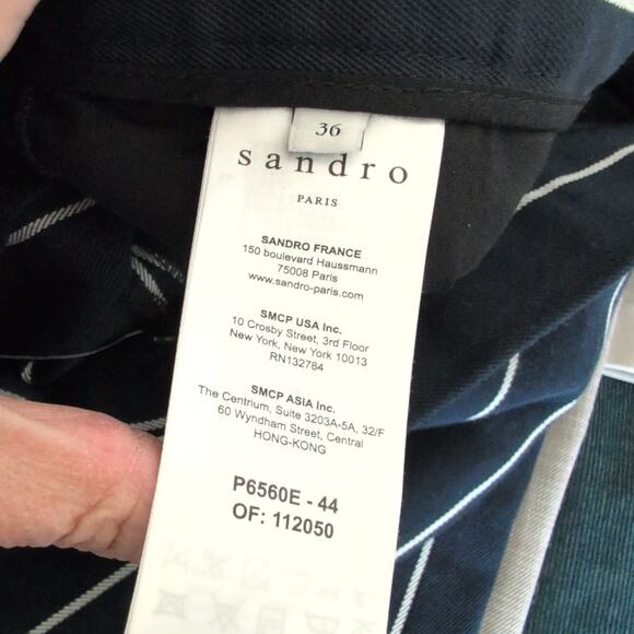 SANDRO Pants Navy White Striped Cotton Linen Boot Flare Womens Trouser 36FR 4US - Picture 5 of 7